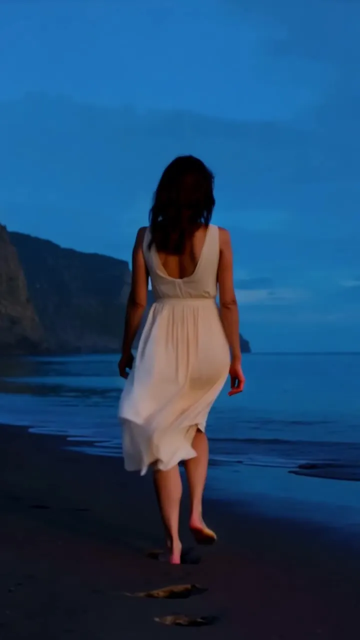 A woman in a white dress walking a dusk beach toward the sea