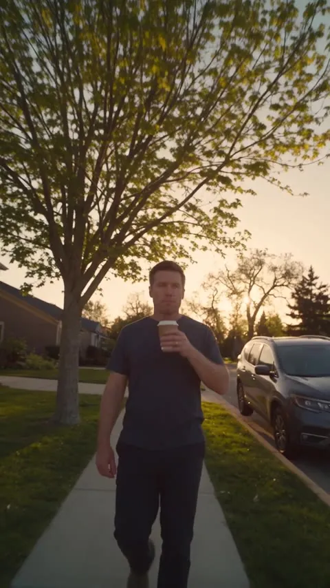 A man walking a suburban sidewalk at golden hour with a takeaway coffee