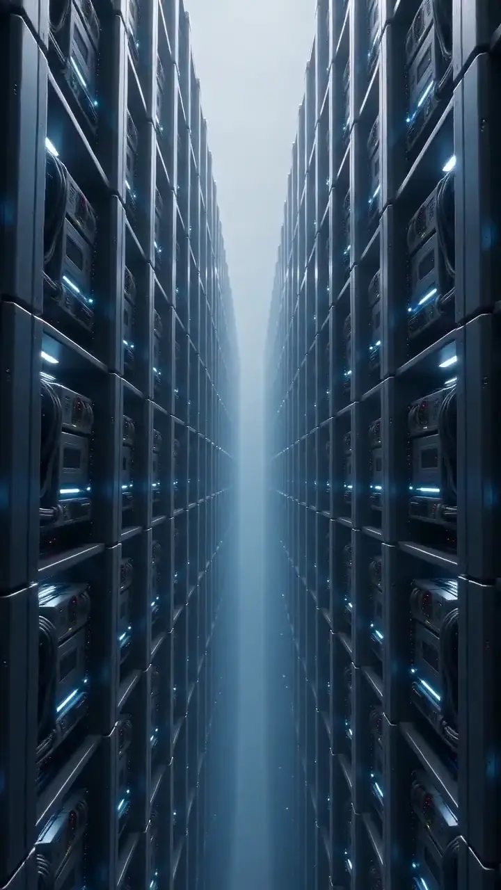 A camera gliding down a foggy data-center corridor between server racks