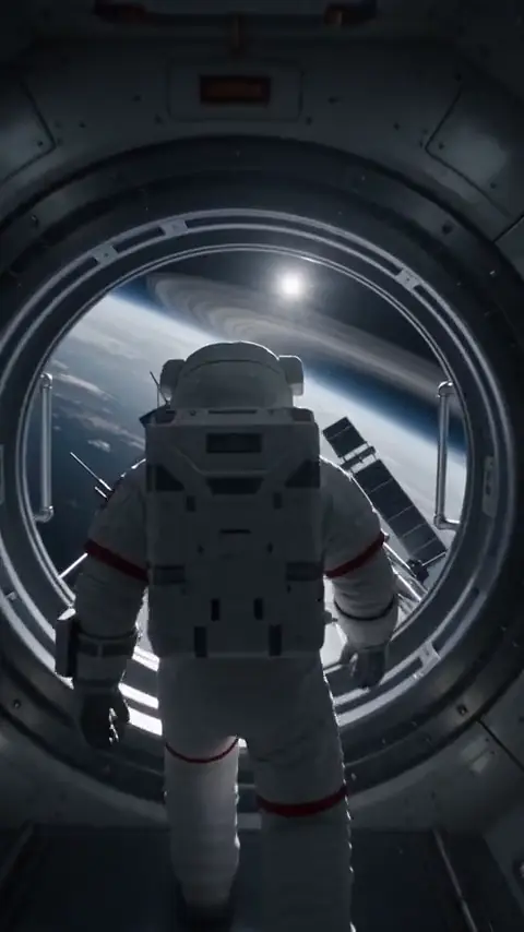 An astronaut walking toward a circular airlock with a ringed planet beyond