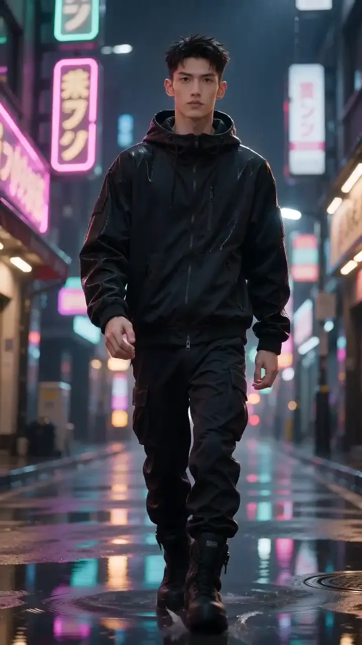 A streetwear model walking a neon-lit Tokyo street in the rain