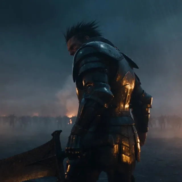 A warrior in dark plate armor on a smoky battlefield
